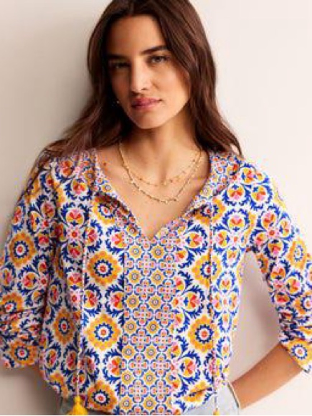 Boden Printed Tie Neck Top Women’s Size 4 Cotton Long Sleeves Colorful Sunburst